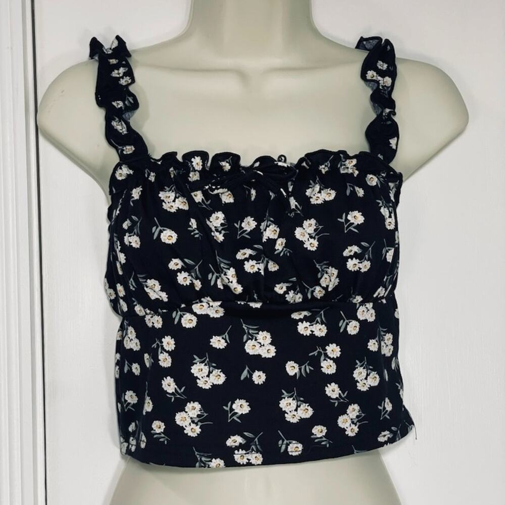 Teen 16Y Floral Print Ruched Bust Babydoll Crop Cami Top Summer Dark Coquette XS